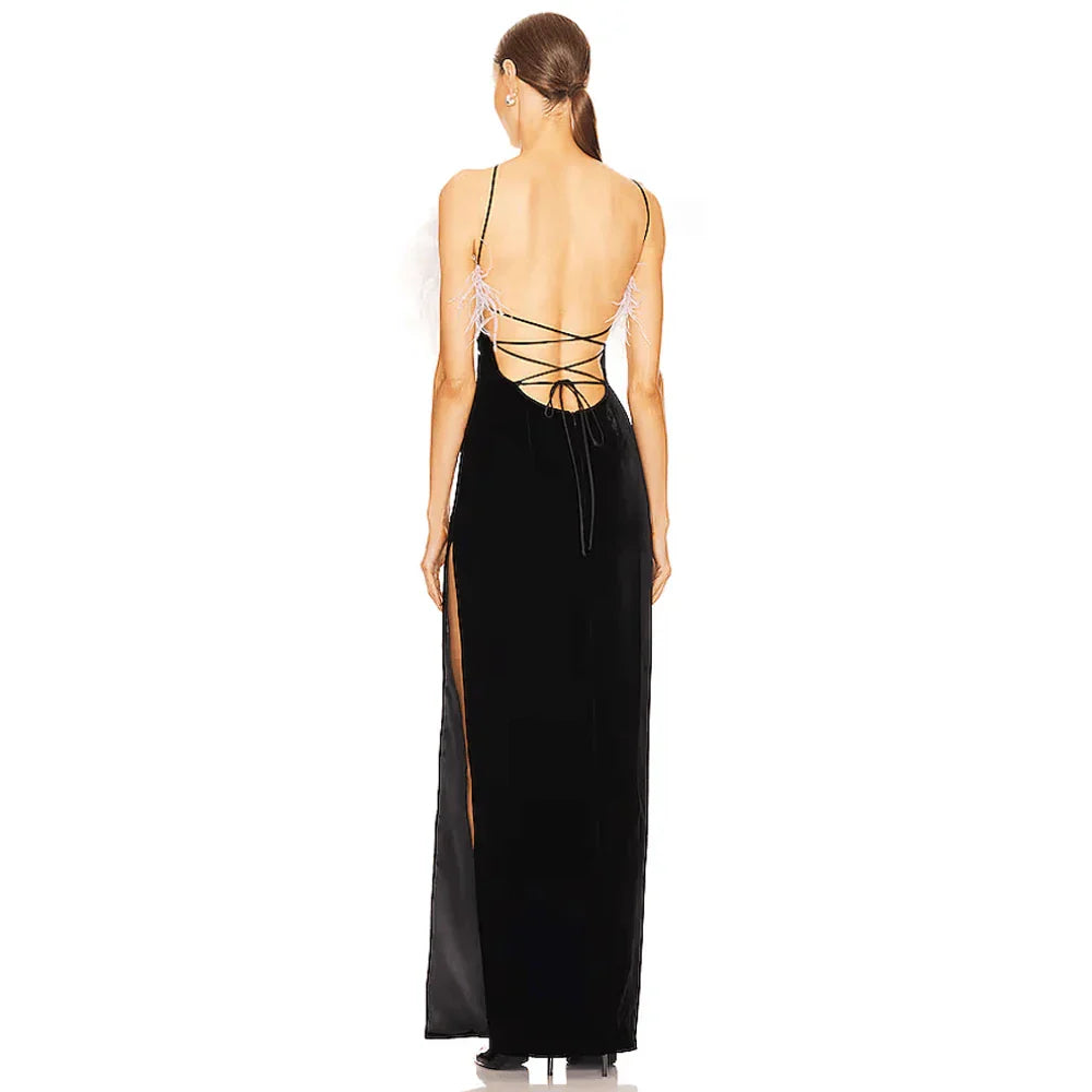 Feather Split Maxi Party Dress