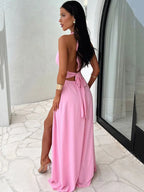 Fabiola Minimalist Deep V Neck Strappy Dress with Slit Evening Wear Edit