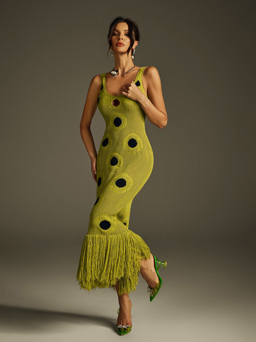 Dot Fringe Knitted Midi Dress