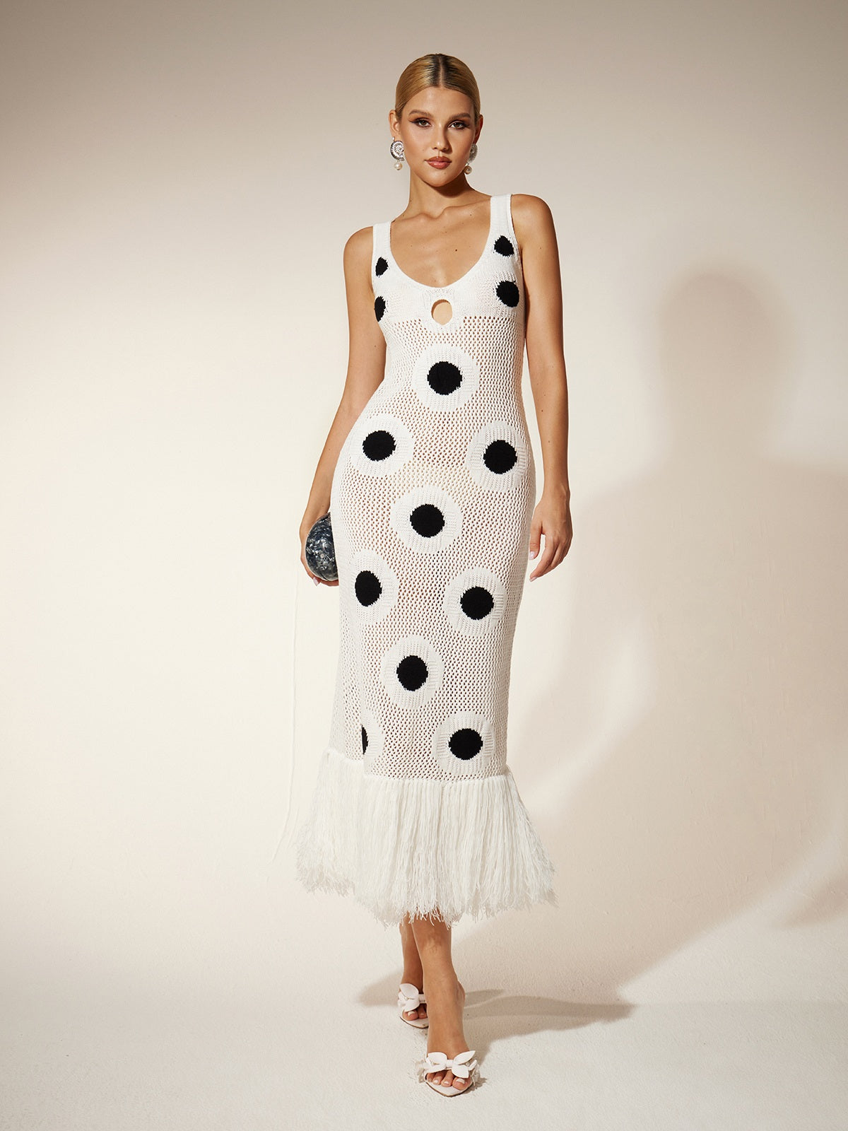 Dot Fringe Knitted Midi Dress In White