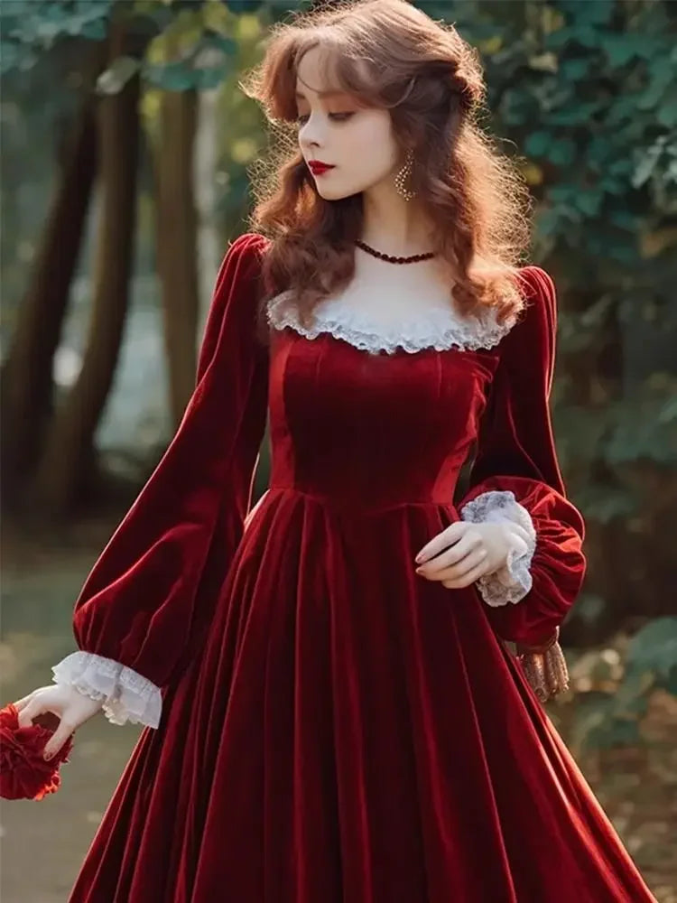 Elegant French Hepburn Velvet Drape Red Party Dress
