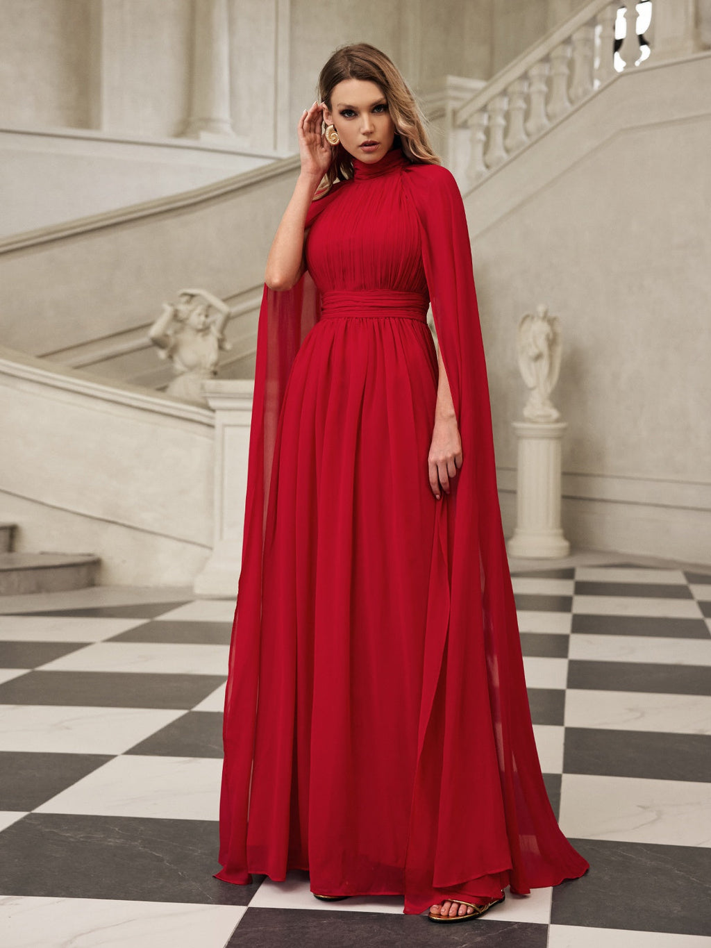 Cape Sleeve Mesh Maxi Dress