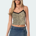 Leopand Lace Trim Crop Top