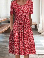 Garnet Red and White Fancy Print Pleated Midi Dress