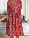 Garnet Red and White Fancy Print Pleated Midi Dress