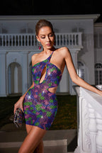 Backless Rhinestone Mesh Mini Dress