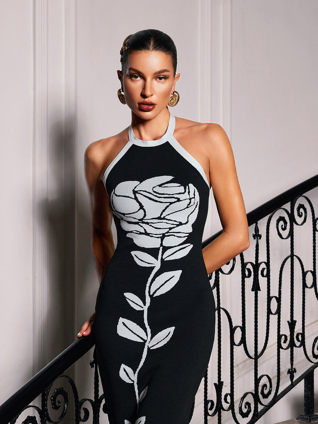 Halterneck Flower Bandage Midi Dress
