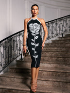 Halterneck Flower Bandage Midi Dress