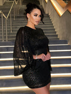 Glitter Cape Mini Black Round Neck Party Dress