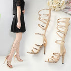 Elegant Golden 12Cm Thin Highheeled Peep Toe Narrow Band Hollow Buckle High Heel