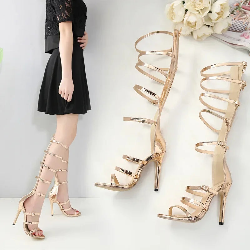 Elegant Golden 12Cm Thin Highheeled Peep Toe Narrow Band Hollow Buckle High Heel