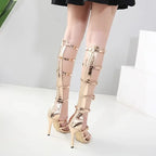 Elegant Golden 12Cm Thin Highheeled Peep Toe Narrow Band Hollow Buckle High Heel