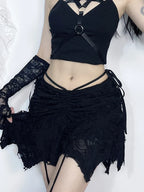 Goth Black Holes Laceup Mini Sexy Vintage Folds Irregular Bodycon Short Women New Fashion Skirt