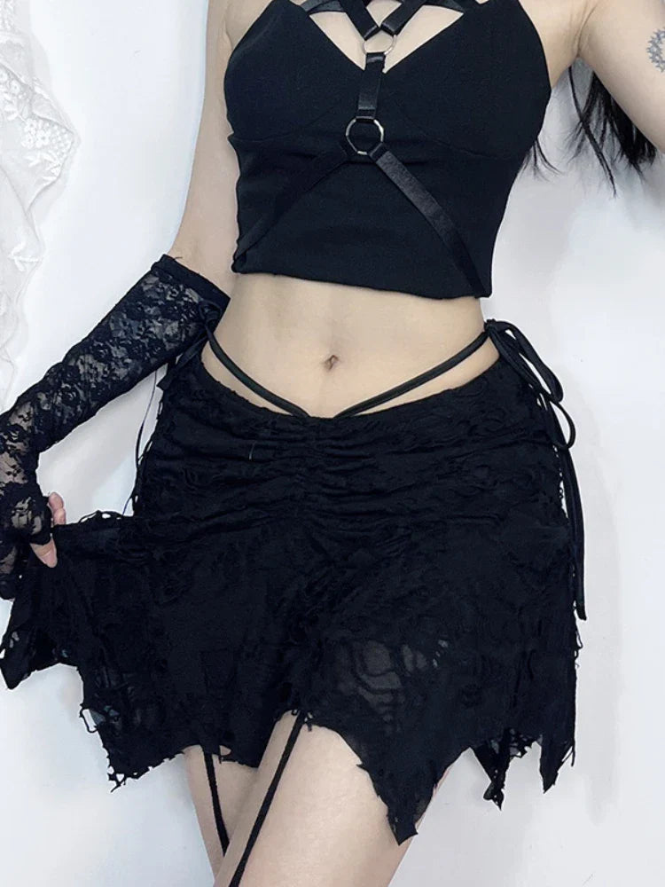 Goth Black Holes Laceup Mini Sexy Vintage Folds Irregular Bodycon Short Women New Fashion Skirt