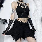 Goth Black Holes Laceup Mini Sexy Vintage Folds Irregular Bodycon Short Women New Fashion Skirt