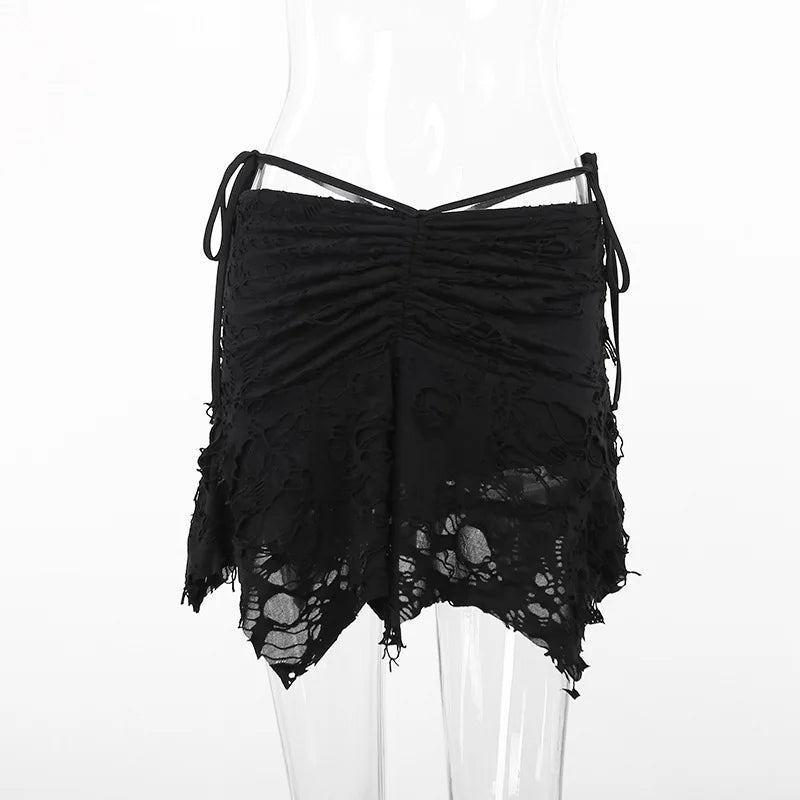 Goth Black Holes Laceup Mini Sexy Vintage Folds Irregular Bodycon Short Women New Fashion Skirt