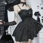 Corset ALine Mini Dress Black Rose Print Lace Patchwork Shirring Backless Slip Nightclub Party Dress