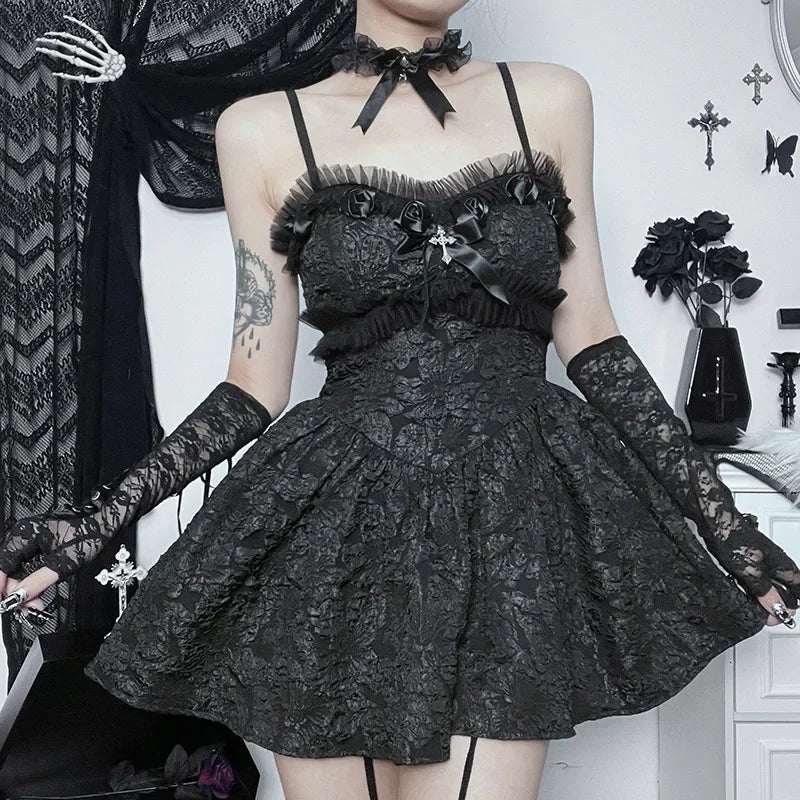 Corset ALine Mini Dress Black Rose Print Lace Patchwork Shirring Backless Slip Nightclub Party Dress