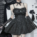 Corset ALine Mini Dress Black Rose Print Lace Patchwork Shirring Backless Slip Nightclub Party Dress