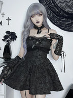Corset ALine Mini Dress Black Rose Print Lace Patchwork Shirring Backless Slip Nightclub Party Dress