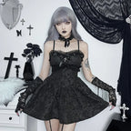 Corset ALine Mini Dress Black Rose Print Lace Patchwork Shirring Backless Slip Nightclub Party Dress