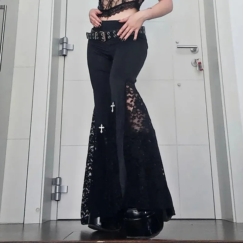 Goth Dark High Waist Long Gothic Lace Patchwork Flare Grunge Egirl Pants