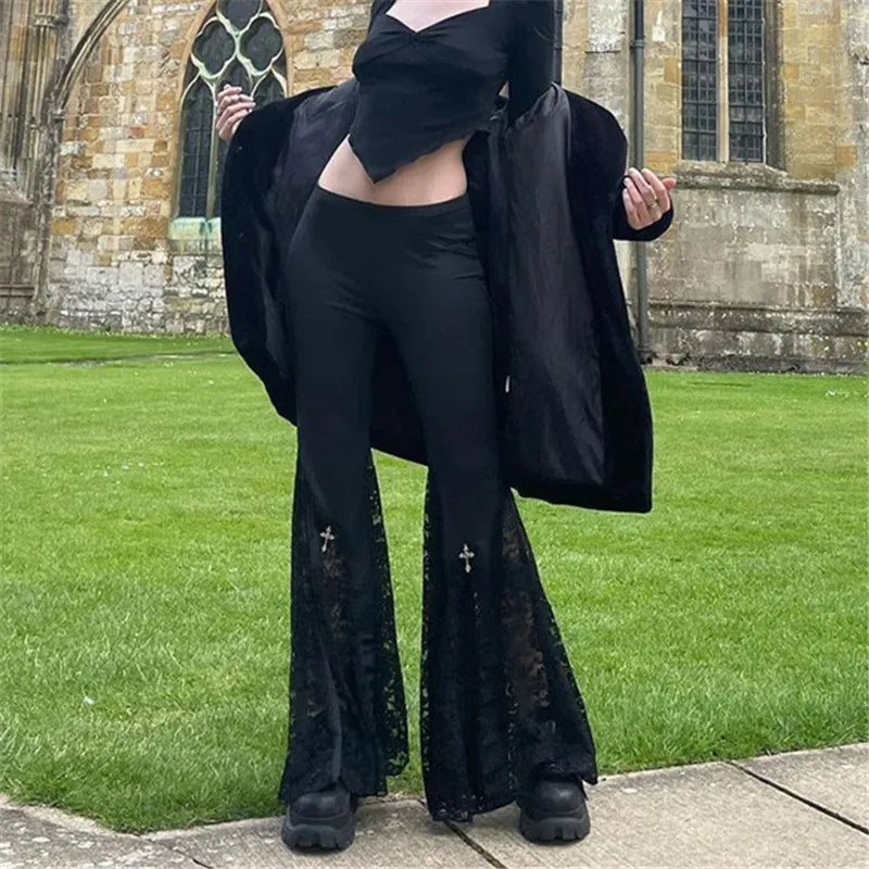 Goth Dark High Waist Long Gothic Lace Patchwork Flare Grunge Egirl Pants
