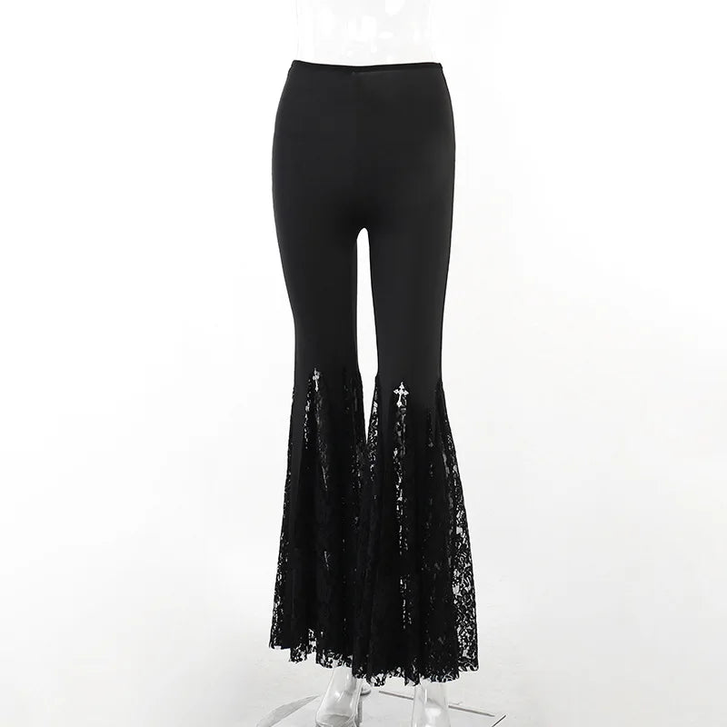 Goth Dark High Waist Long Gothic Lace Patchwork Flare Grunge Egirl Pants