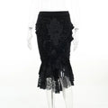 Goth Dark Vintage Mall Gothic Ruffles Mermaid Grunge Aesthetic Lace Hem Midi Women Elegant Skirt