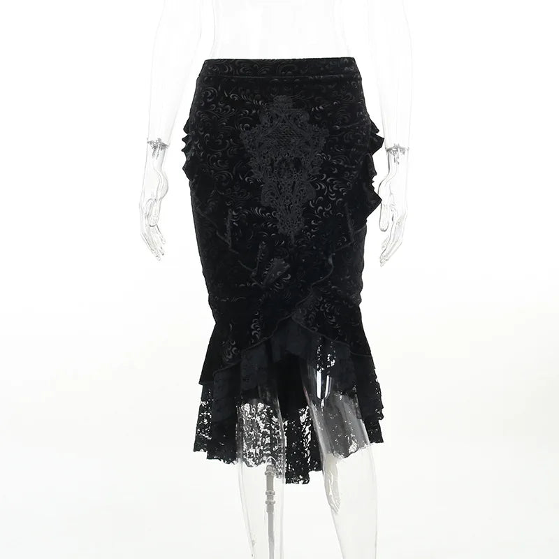 Goth Dark Vintage Mall Gothic Ruffles Mermaid Grunge Aesthetic Lace Hem Midi Women Elegant Skirt