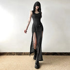 Elegant Gothic Slash Neck Long Sleeve Off Shoulder Summer French Chic Split Slim Stretch Ruffles Dress
