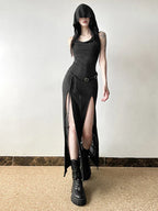 Elegant Gothic Slash Neck Long Sleeve Off Shoulder Summer French Chic Split Slim Stretch Ruffles Dress