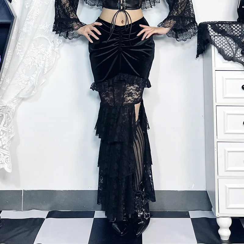 Gothic Folding Fishtail Multilayer Splicing Split Woman Velvet High Waist Lace Patchwork Mermaid Skirt