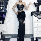 Gothic Folding Fishtail Multilayer Splicing Split Woman Velvet High Waist Lace Patchwork Mermaid Skirt