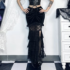 Gothic Folding Fishtail Multilayer Splicing Split Woman Velvet High Waist Lace Patchwork Mermaid Skirt