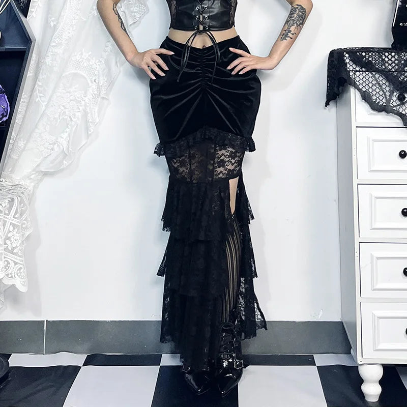 Gothic Folding Fishtail Multilayer Splicing Split Woman Velvet High Waist Lace Patchwork Mermaid Skirt