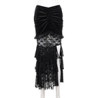 Gothic Folding Fishtail Multilayer Splicing Split Woman Velvet High Waist Lace Patchwork Mermaid Skirt