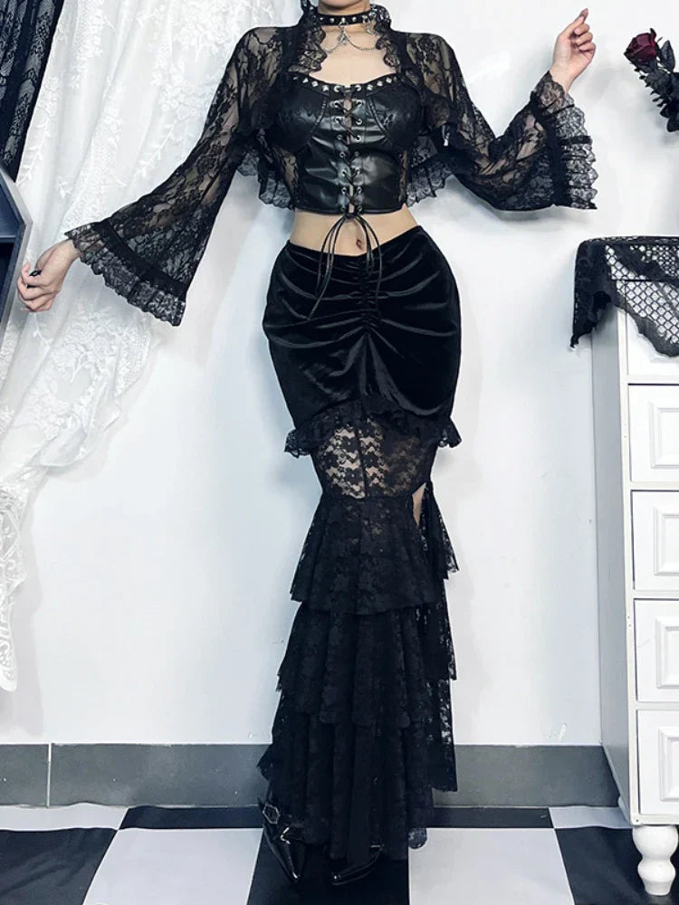 Gothic Folding Fishtail Multilayer Splicing Split Woman Velvet High Waist Lace Patchwork Mermaid Skirt