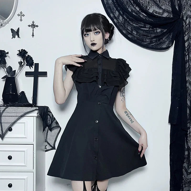 Gothic Mall Harajuku EGirl Dress Mesh Patchwork Black Slim ALine Sexy Party Grunge Aesthetic Streetwear Dress