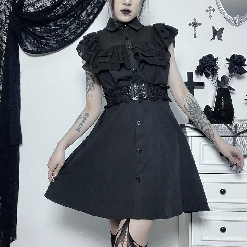 Gothic Mall Harajuku EGirl Dress Mesh Patchwork Black Slim ALine Sexy Party Grunge Aesthetic Streetwear Dress