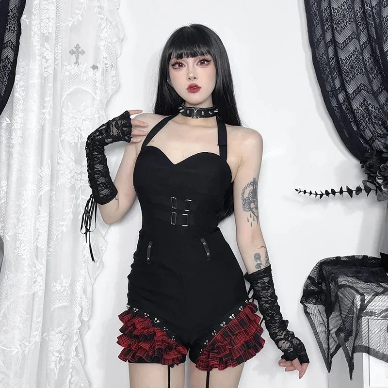 Gothic Summer 2024 New Arrival Landmine Series Plaid Patchwork Shorts Spicy Girl Halter WaistCinch Y2K Vest Skirt