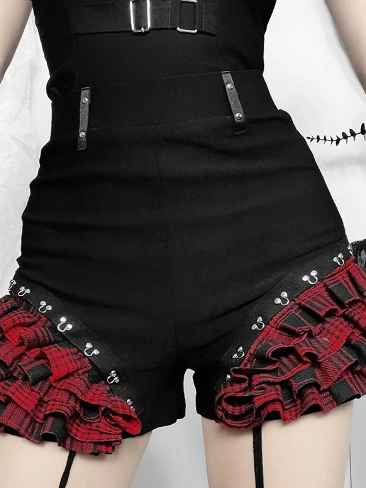 Gothic Summer 2024 New Arrival Landmine Series Plaid Patchwork Shorts Spicy Girl Halter WaistCinch Y2K Vest Skirt