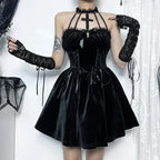 Gothic Velvet CrissCross Halter Dress Vintage Draped Lace Sleeveless Bodycon Backless ALine Cocktail Party Dress