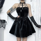 Gothic Velvet CrissCross Halter Dress Vintage Draped Lace Sleeveless Bodycon Backless ALine Cocktail Party Dress