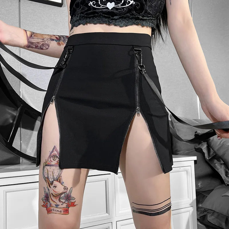 Gothic Zip Split Sexy Women Mini Grunge Strap Black High Waist Pencil Egirl Skirt