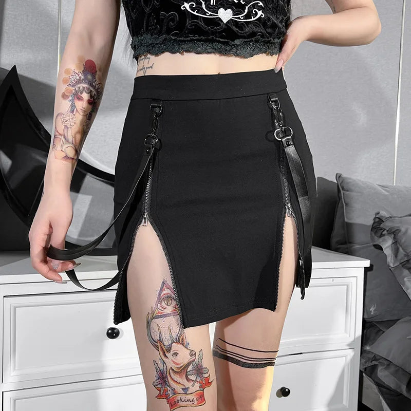 Gothic Zip Split Sexy Women Mini Grunge Strap Black High Waist Pencil Egirl Skirt