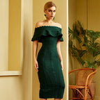 Green Ladies Bandage Dress Ruffles Slash Neck Bodycon Knee-Length Party Dress