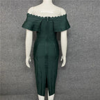 Green Ladies Bandage Dress Ruffles Slash Neck Bodycon Knee-Length Party Dress
