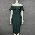 Green Ladies Bandage Dress Ruffles Slash Neck Bodycon Knee-Length Party Dress