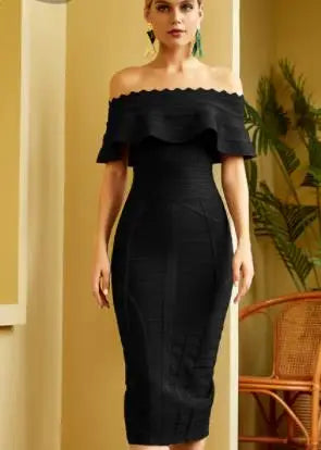 Green Ladies Bandage Dress Ruffles Slash Neck Bodycon Knee-Length Party Dress